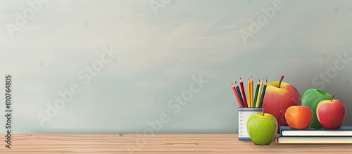 There is a copy space image of textbooks a jar of coloring pencils and an apple on a shelf