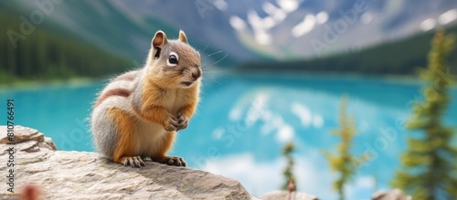 A chipmunk is spotted near the serene beauty of Lake Louise in this captivating copy space image