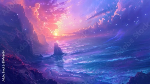 A fantasy seascape that transports you to a world of perpetual twilight. Generative Ai