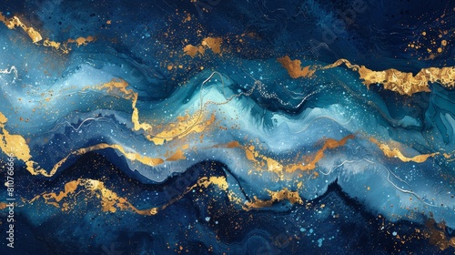 Captivating art painting of fairytale waves in blue and gold, magically blending to form enchanting patterns, perfect for kids' books