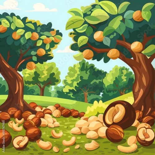 Organic nut farming flat design side view tree nut harvest theme cartoon drawing vivid