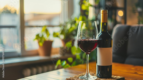 A bottle and a glass of red wine are on a table, ready to be enjoyed.
