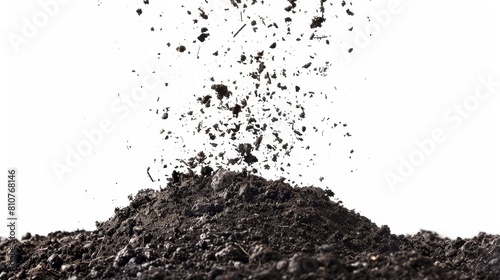 Detailed shot of soil dirt scattering in the air, forming a textured pile against a stark white backdrop, isolated with studio lighting