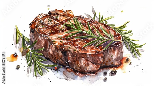 Detailed watercolor painting of a seasoned steak hot off the grill, rosemary sprigs placed carefully around for an isolated presentation