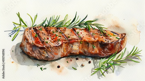 Detailed watercolor painting of a seasoned steak hot off the grill, rosemary sprigs placed carefully around for an isolated presentation