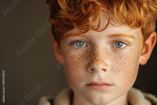 Portrait of a boy with red hair and freckles on his face, looking seriously at the camera. Close-up, monochromatic blurred background. Generated by artificial intelligence