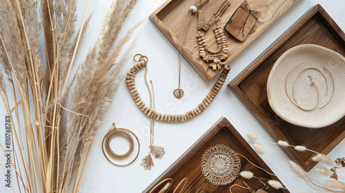 Dry common reeds and wooden trays with stylish jewelry
