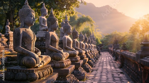 Buddha statue in terraced temple garden, with mountains in the background at sunrise.