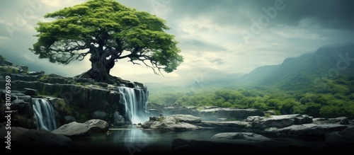 A stunning natural background showcases a close up of a lifeless tree surrounded by a magnificent waterfall allowing for copy space in the image 117 characters