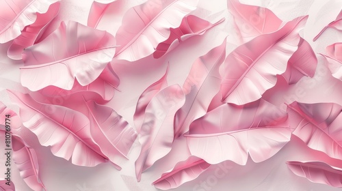 Feminine floral pattern of pink banana leaves, rendered in 3D effect for a textured wall look against a white-pink background