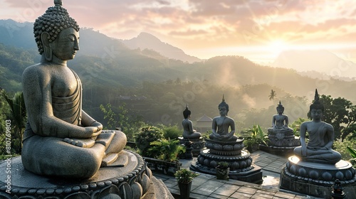 Buddha statue in terraced temple garden, with mountains in the background at sunrise.