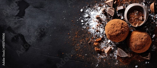 A top view of a chocolate truffle candy on a dark stone background adorned with cacao powder chocolate chips and silver sugar thongs Copy space image