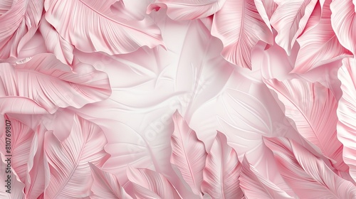 Feminine floral pattern of pink banana leaves, rendered in 3D effect for a textured wall look against a white-pink background