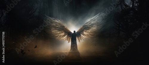 A guardian angel hovering against a backdrop of dark wood with ample copy space in the image