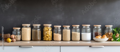In the modern kitchen there is a light grey table with jars of cereals creating a copy space image