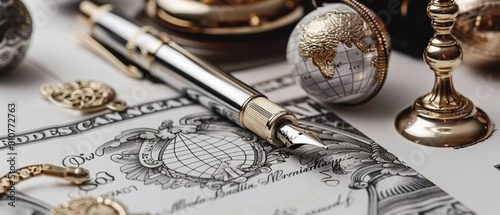 Dramatic angle on a document of international compliance, with a pen poised to sign, and global business icons scattered around