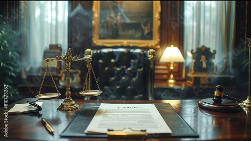 A legal document on international regulations displayed on an elegant desk setting, with golden scales of justice in the frame 8K , high-resolution, ultra HD,up32K HD