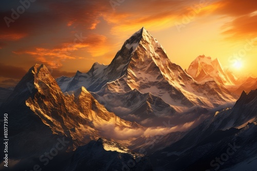 Nepal landscape. Majestic Sunrise Over Snow-Capped Mountain Peaks.