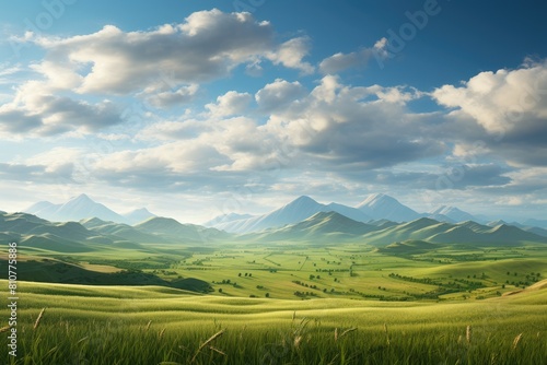 Turkmenistan landscape. Majestic Mountain Range Overlooking Vast Green Plains Under Bright Blue Sky.