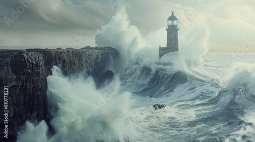Majestic lighthouse withstands the fury of a stormy sea.