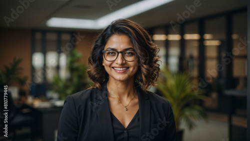 Bella donna di origini indiane sorride in un moderno ufficio con abito elegante