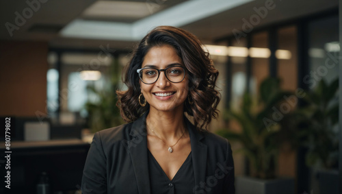 Bella donna di origini indiane sorride in un moderno ufficio con abito elegante
