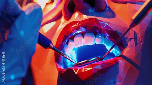 Vibrant low-poly close-up of a patient receiving teeth whitening, emphasizing the precision of innovative dental treatment