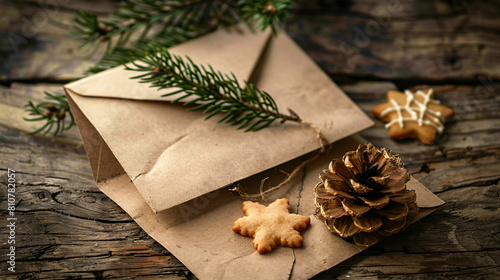 Envelope with fir tree branch cookie and toy pine cone