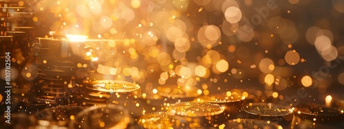Surreal photo of golden coins with sparkling lights in the background, stacked in piles and scattered around, creating an atmosphere of wealth and opulence.