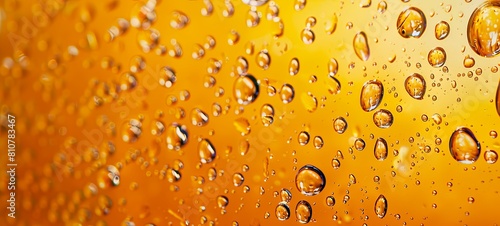Close-up of water drops on an orange background. Abstract yellow wet texture with bubbles on the surface of window glass. Raindrop