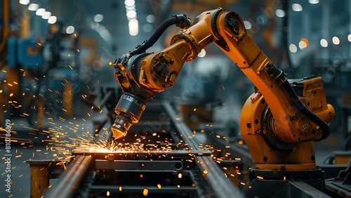 Robotic arm performs welding in industry.