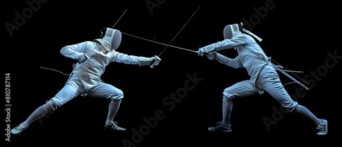 Defending, leaping, thrusting, and lunging among two fencers in a foil fight. Shot isolated on black background.