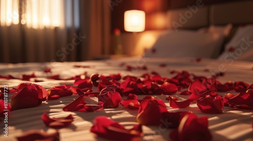 Rose petals strewn across the bed in the hotel room set the scene for a romantic evening with Rose