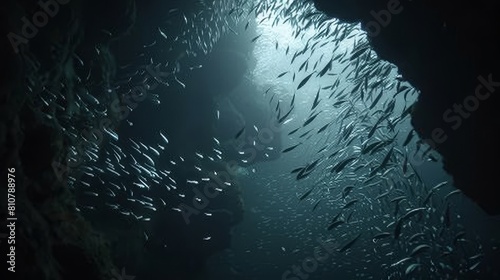 Ethereal Silver Sardines Dance in Enigmatic Underwater Cave