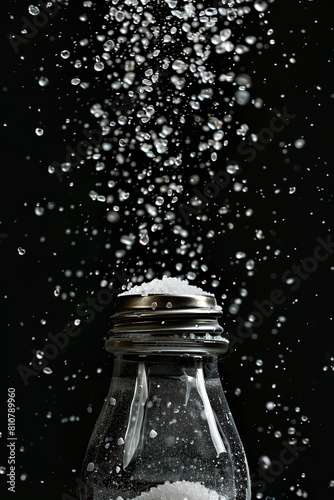 Salt spills out of the salt shaker on a black background.
