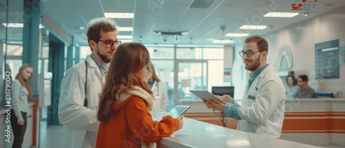 In the reception area of the hospital, the doctor sits with a tablet computer and speaks to a young couple. This is a modern medical facility.