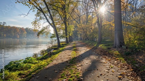 A pedestrian and bike trail along Potomac River in Arlington, VA, USA. Trail among deciduous trees on a sunny morning in autumn.