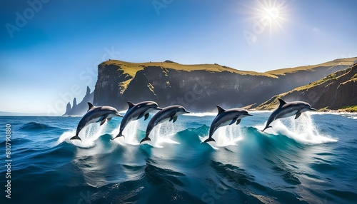 Pod of playful dolphins leaping out of the crystal-clear ocean water against a backdrop of dramatic cliffs and crashing waves