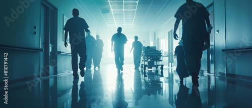 A silhouetting of doctors, nurses and paramedics bringing badly injured patients to the operating room on gurneys or stretchers. An operating room in a modern hospital with professional staff tends