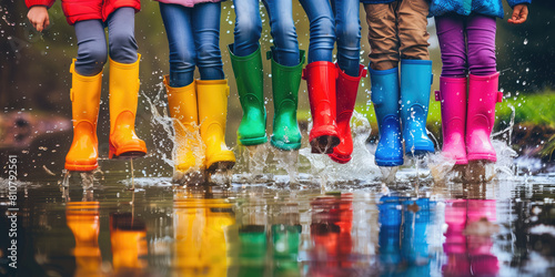 Children in colorful rubber boots playing and jumping in water puddle on a rainy day.
