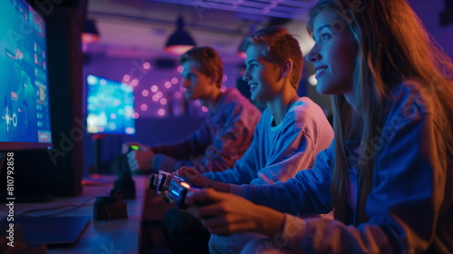 Gaming Enthusiast, Excited young gamers playing video games together in a gaming lounge