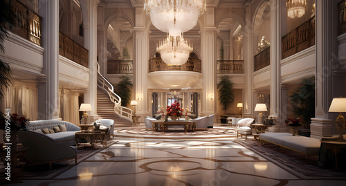 An opulent hotel lobby with chandeliers