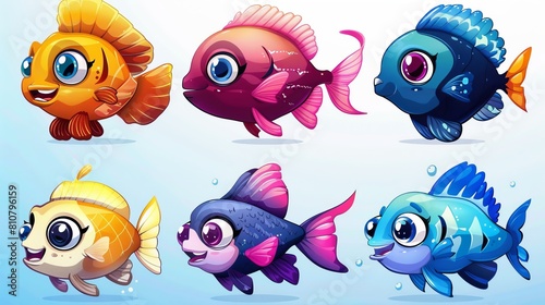 Fish set, colorful tropical aquarium with underwater creatures with big eyes, goldfish, piranha, clown, puffer Cartoon modern illustration