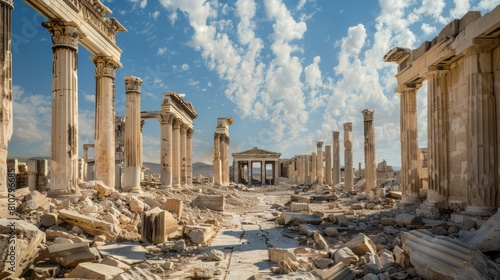 Cultural Loss: Show the ruins of iconic landmarks and cultural heritage sites destroyed by war, symbolizing the irreparable loss of human history and heritage.