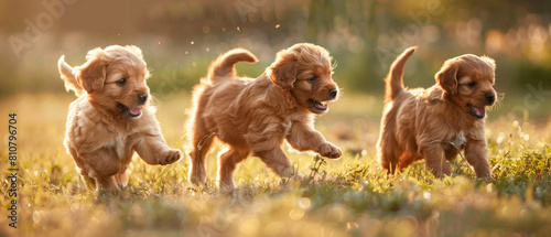 Adorable puppies romp and run through a grassy field under the warm sunshine.