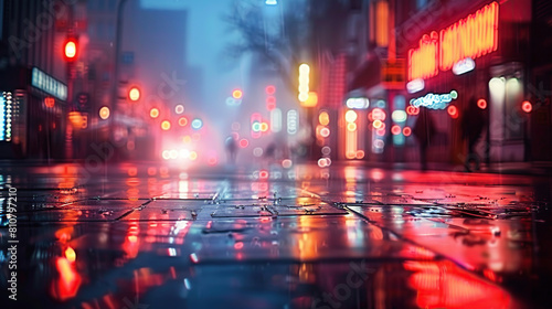 Street photograph, a nighttime urban scene with triad colors of indigo, chartreuse, and tangerine. Apply a bokeh lens for dreamy lights. Generative AI