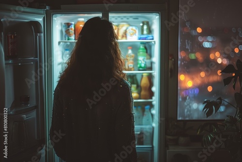 A nighttime snapshot portraying a person peering into a brightly lit refrigerator