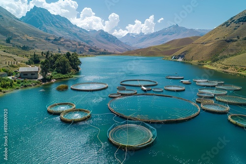 This stunning aerial view showcases the practice of fish farming within a tranquil mountain lake setting