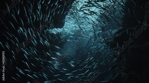 Enchanting Shoal of Silver Sardines in Dark Underwater Grotto