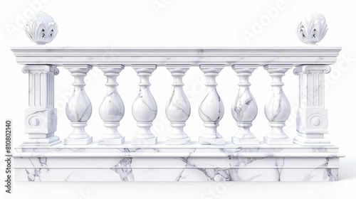 Isolated marble balustrades, white balcony rails, or handrails with decorative pillars. Banister or fencing sections with decorative pillars. Realistic 3D modern illustration of architectural